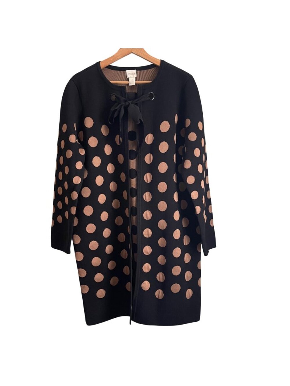 Chicos Womens Polka Dot Longline Cardigan Size 2 US L Black Tan Tie Front